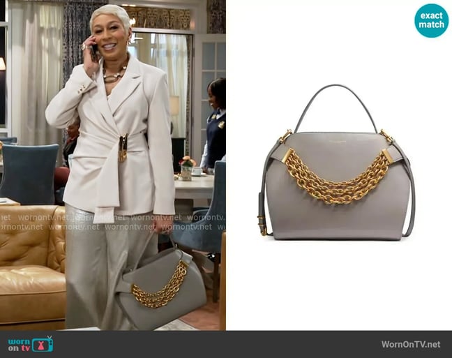 Donna Karan Plandome Chain Top Handle Leather Satchel in Cloud worn by Anita Dupree (Tamara Tunie) on Beyond the Gates Donna Karan Plandome Chain Top Handle Leather Satchel in Cloud worn by Anita Dupree (Tamara Tunie) on Beyond the Gates