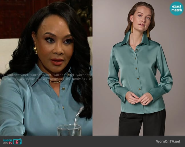 Donna Karan Satin Blouse in Waterlily worn by Stephanie Simmons (Vivica Fox) on The Young and the Restless Donna Karan Satin Blouse in Waterlily worn by Stephanie Simmons (Vivica Fox) on The Young and the Restless