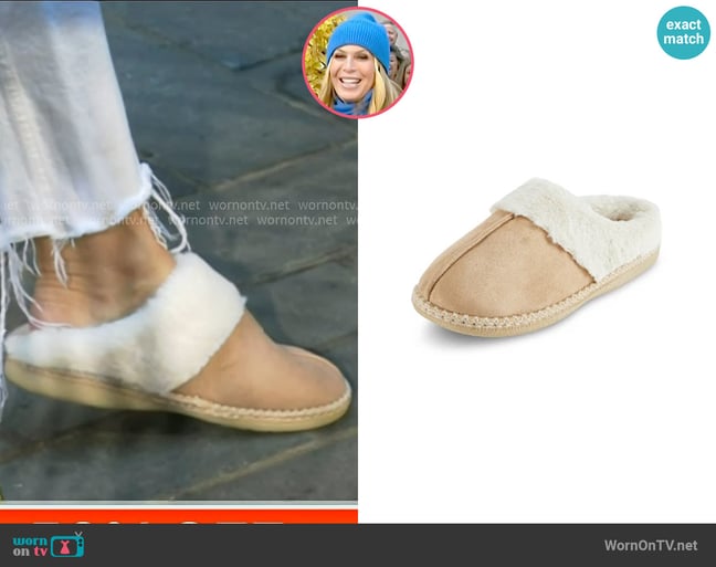 Dreamtoe Soft Classic Aztec Trim Indoor/Outdoor Two-Tone Faux Fur Clog Slipper in Beige worn by Jill Martin on Today Dreamtoe Soft Classic Aztec Trim Indoor/Outdoor Two-Tone Faux Fur Clog Slipper in Beige worn by Jill Martin on Today
