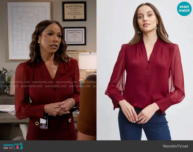Elie Tahari Silk Blouson Button Shirt in Sangria worn by Nicole Dupree Richardson (Daphnee Duplaix) on Beyond the Gates Elie Tahari Silk Blouson Button Shirt in Sangria worn by Nicole Dupree Richardson (Daphnee Duplaix) on Beyond the Gates