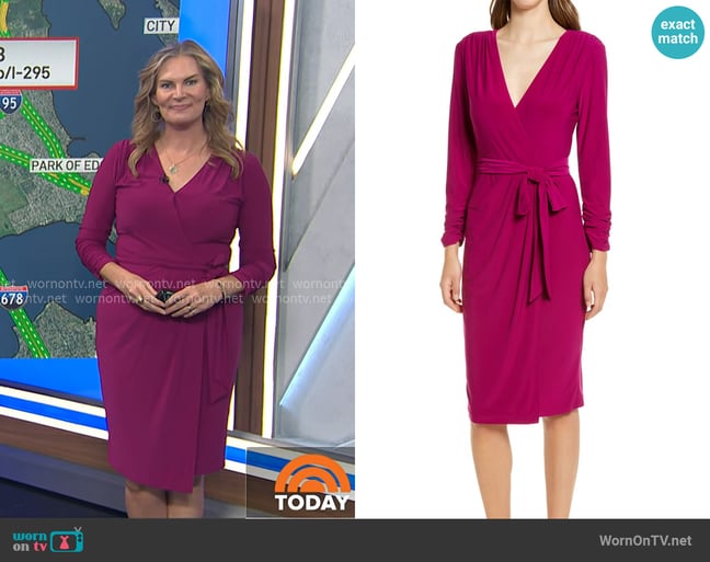 Eliza J Ruched Long Sleeve Faux Wrap Dress worn by Emily West on Today Eliza J Ruched Long Sleeve Faux Wrap Dress worn by Emily West on Today