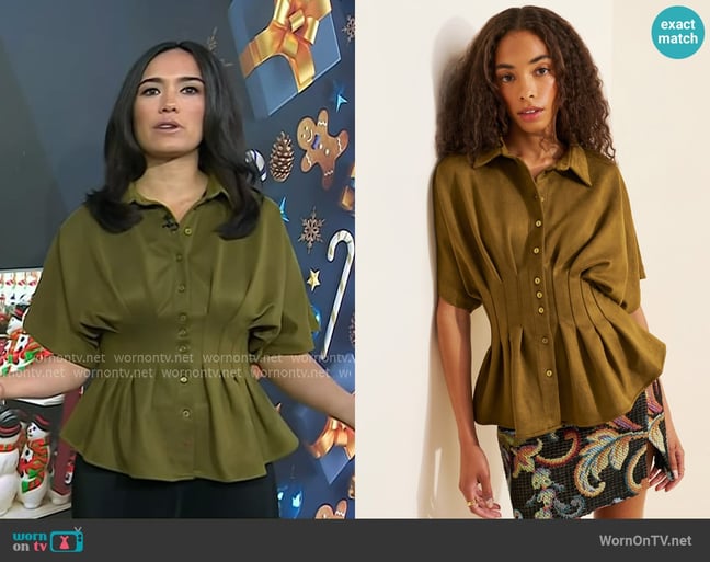 Exquise Tobie Short-Sleeve Pleated Blouse in Green worn by Emilie Ikeda on Today Exquise Tobie Short-Sleeve Pleated Blouse in Green worn by Emilie Ikeda on Today