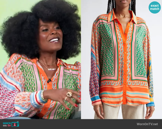 FARM Rio Cashew Mixed Print Button-Up Shirt worn by Tabitha Brown on Access Hollywood FARM Rio Cashew Mixed Print Button-Up Shirt worn by Tabitha Brown on Access Hollywood