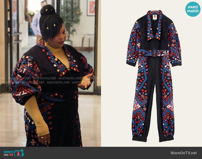 FARM Rio Embroidered Corduroy Jumpsuit worn by Adelola Olofin (Gbemisola Ikumelo) on The Paper FARM Rio Embroidered Corduroy Jumpsuit worn by Adelola Olofin (Gbemisola Ikumelo) on The Paper