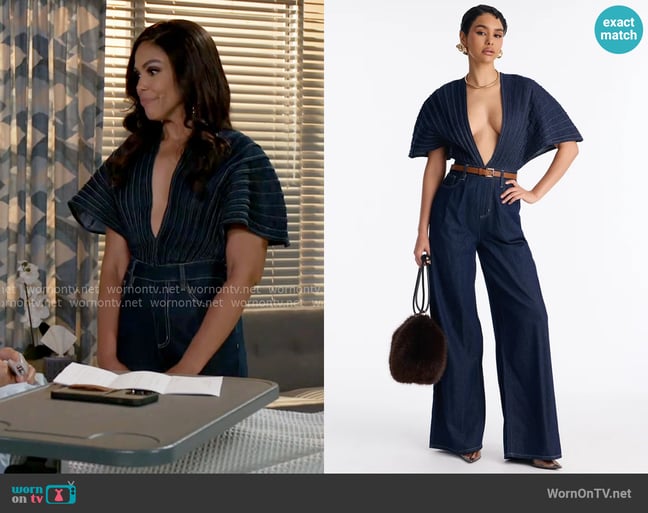 Fashion Nova Bella Plunge Neck Denim Jumpsuit worn by Dani Dupree (Karla Mosley) on Beyond the Gates