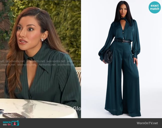 Fashion Nova Emma Satin Pinstripe Pant Set in Hunter worn by Audra Charles (Zuleyka Silver) on The Young and the Restless