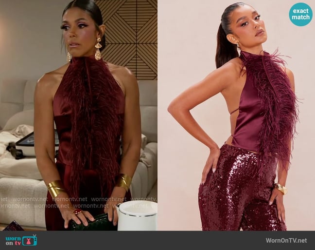 Fashion Nova Miranda Feather Halter Top worn by Dani Dupree (Karla Mosley) on Beyond the Gates Fashion Nova Miranda Feather Halter Top worn by Dani Dupree (Karla Mosley) on Beyond the Gates