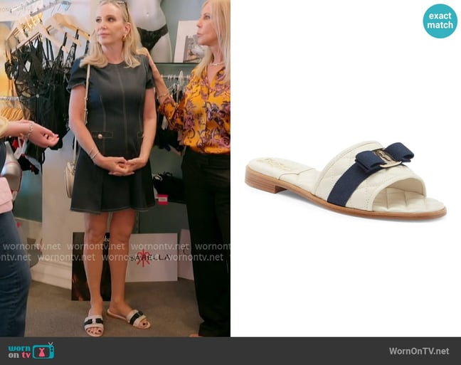 Ferragamo Lovec Q Bow Quilted Slide Sandal worn by Shannon Beador on The Real Housewives of Orange County Ferragamo Lovec Q Bow Quilted Slide Sandal worn by Shannon Beador on The Real Housewives of Orange County