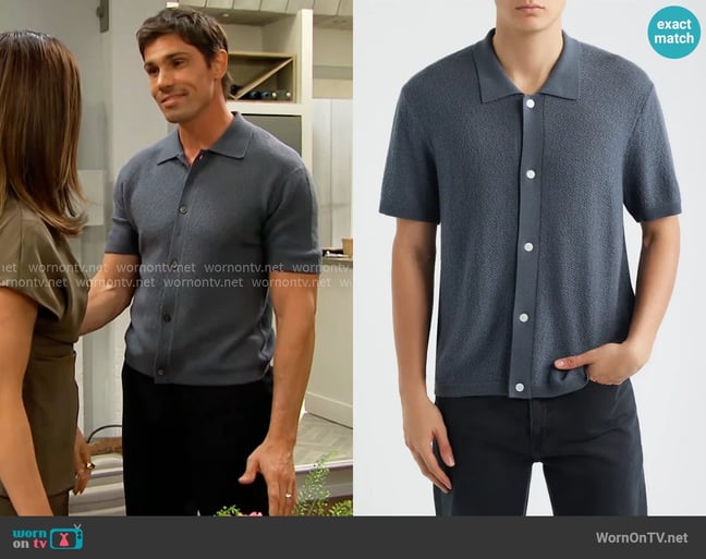 Frame Short Sleeve Wool Cardigan in Blue Grey worn by Dr. John Finnegan (Tanner Novlan) on The Bold and the Beautiful Frame Short Sleeve Wool Cardigan in Blue Grey worn by Dr. John Finnegan (Tanner Novlan) on The Bold and the Beautiful
