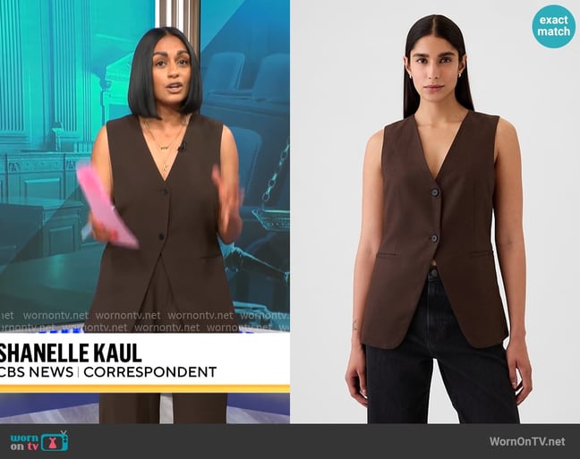 GAP Longline Twill Vest in Terra Brown worn by Shanelle Kaul on CBS Mornings GAP Longline Twill Vest in Terra Brown worn by Shanelle Kaul on CBS Mornings