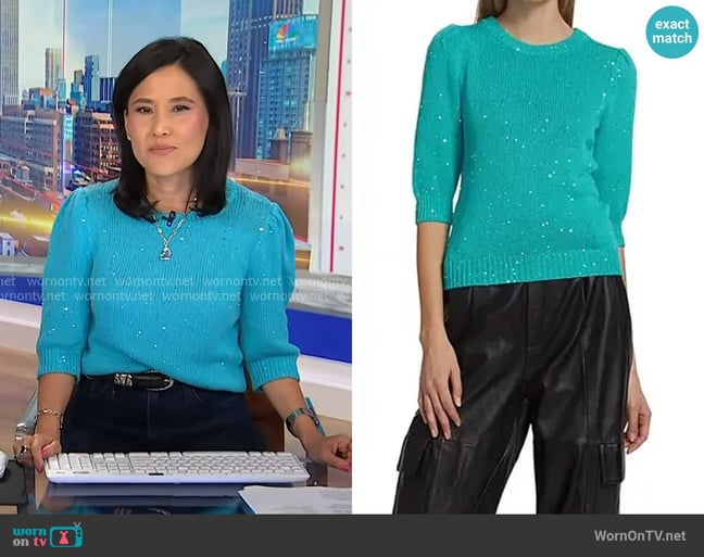 Generation Love Mia Sequin Sweater in Scuba Blue worn by Vicky Nguyen on NBC News Daily