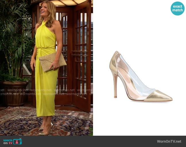 Gianvito Rossi Plexi Pumps in Gold worn by Phyllis Summers (Michelle Stafford) on The Young and the Restless Gianvito Rossi Plexi Pumps in Gold worn by Phyllis Summers (Michelle Stafford) on The Young and the Restless