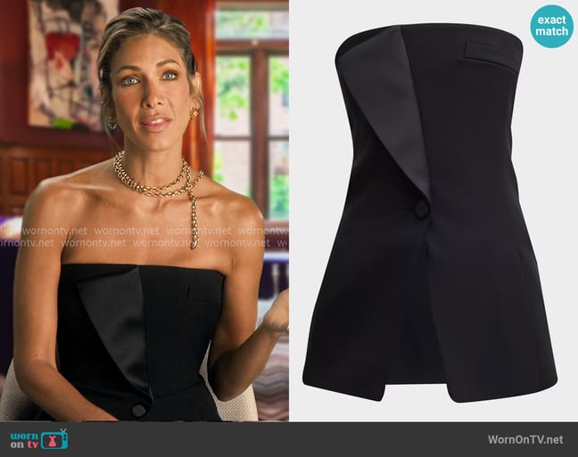 Giorgio Armani Strapless Satin-Lapel Tuxedo Top worn by Erin Lichy on The Real Housewives of New York City Giorgio Armani Strapless Satin-Lapel Tuxedo Top worn by Erin Lichy on The Real Housewives of New York City