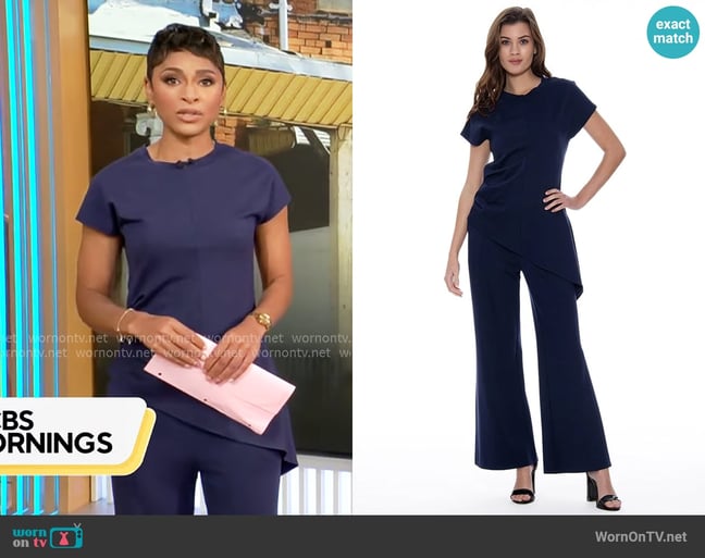 Gracia Asymmetric Cut Ruched-Side Top and Pants in Navy worn by Jericka Duncan on CBS Mornings Gracia Asymmetric Cut Ruched-Side Top and Pants in Navy worn by Jericka Duncan on CBS Mornings
