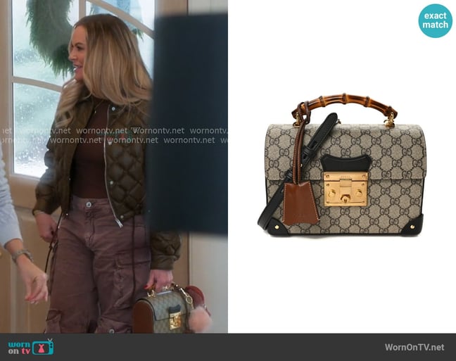 Gucci GG Supreme Monogram Small Padlock Bamboo Shoulder Bag worn by Heather Gay on The Real Housewives of Salt Lake City Gucci GG Supreme Monogram Small Padlock Bamboo Shoulder Bag worn by Heather Gay on The Real Housewives of Salt Lake City