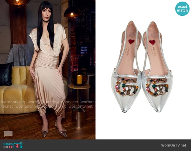 Gucci Silver Leather GG Crystal Bamboo Heel Pumps worn by Georgia McCann on Next Gen NYC Gucci Silver Leather GG Crystal Bamboo Heel Pumps worn by Georgia McCann on Next Gen NYC
