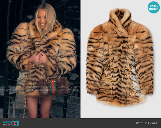 Gucci Smooth long shearling coat worn by Alix Earle on Earle Meets World