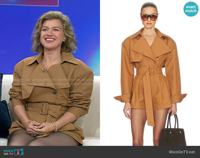 Helsa The Short Trench Jumpsuit in cedar worn by Kelly Clarkson on Today