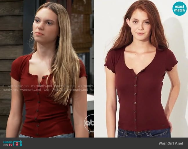 Hollister Slim Henley T-shirt in Burgundy worn by Charlotte Cassadine (Bluesy Burke) on General Hospital Hollister Slim Henley T-shirt in Burgundy worn by Charlotte Cassadine (Bluesy Burke) on General Hospital