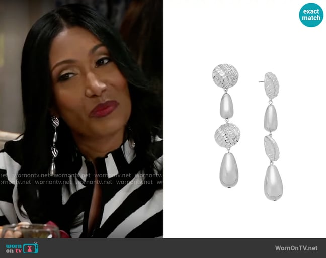 INC International Concepts Smooth & Beaded Ball Linear Drop Earrings worn by Dana 'Leslie' Thomas (Trisha Mann-Grant) on Beyond the Gates INC International Concepts Smooth & Beaded Ball Linear Drop Earrings worn by Dana 'Leslie' Thomas (Trisha Mann-Grant) on Beyond the Gates