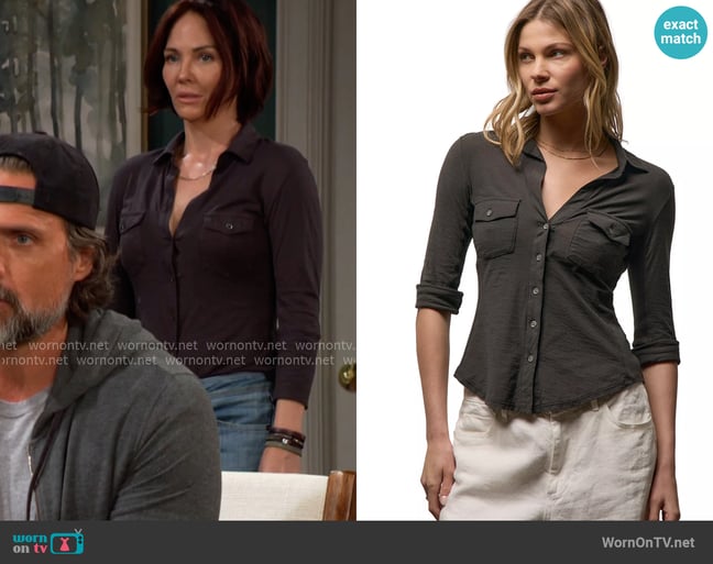 James Perse Sheer Slub Side Panel Shirt in Carbon worn by Marie (Jade Harlow) on The Young and the Restless James Perse Sheer Slub Side Panel Shirt in Carbon worn by Marie (Jade Harlow) on The Young and the Restless