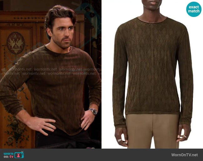 John Varvatos Brycen Broken Argyle Texture Sweater in Teakwood worn by Chad DiMera (Conner Floyd) on Days of our Lives John Varvatos Brycen Broken Argyle Texture Sweater in Teakwood worn by Chad DiMera (Conner Floyd) on Days of our Lives
