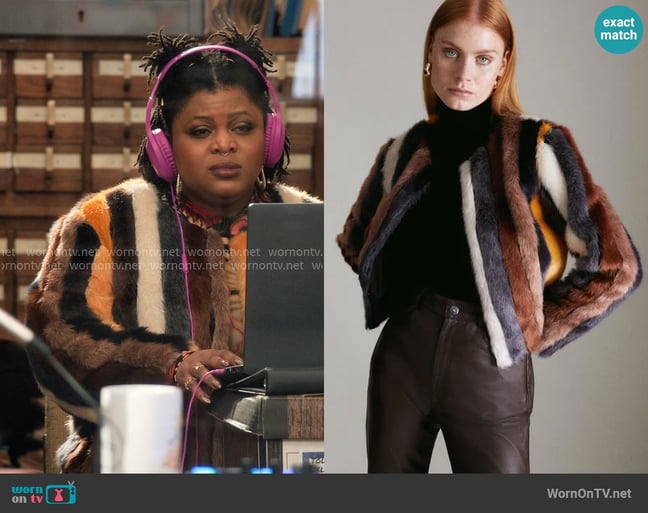 Karen Millen Stripe Faux Fur Short Coat worn by Adelola Olofin (Gbemisola Ikumelo) on The Paper