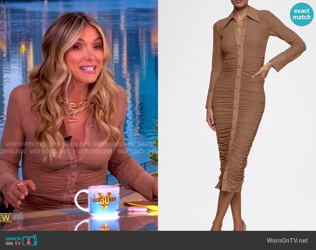 L'Agence Adriana Ruched Body-Con Midi Shirtdress worn by Debbie Matenopoulos on The View L'Agence Adriana Ruched Body-Con Midi Shirtdress worn by Debbie Matenopoulos on The View