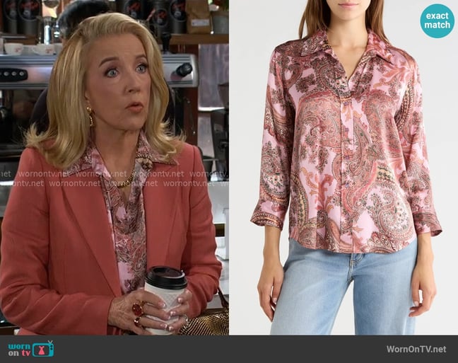 L'Agence Dani Shirt in Mauve Multi French Paisley worn by Nikki Reed Newman (Melody Thomas-Scott) on The Young and the Restless