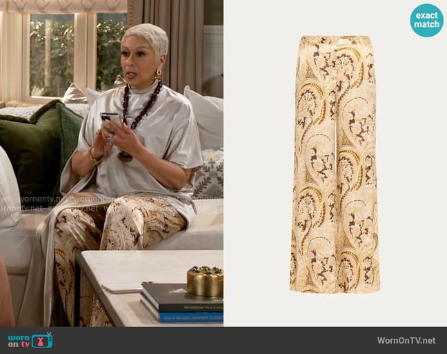 L'Agence Pilar Paisley Wide-Leg Silk Pants worn by Anita Dupree (Tamara Tunie) on Beyond the Gates L'Agence Pilar Paisley Wide-Leg Silk Pants worn by Anita Dupree (Tamara Tunie) on Beyond the Gates