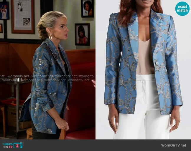 L'Agence Sheila Blazer in Blue Horizon/ Silver Good Luck worn by Vanessa McBride (Lauren Buglioli) on Beyond the Gates