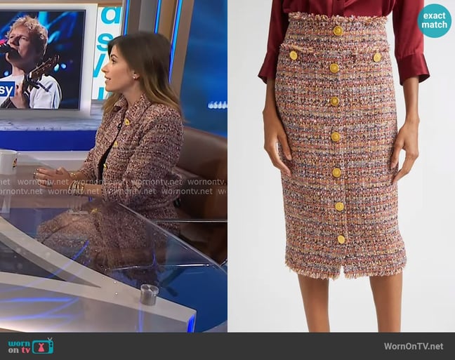 L'Agence Tai Tweed Midi Skirt worn by Chloe Melas on NBC News Daily