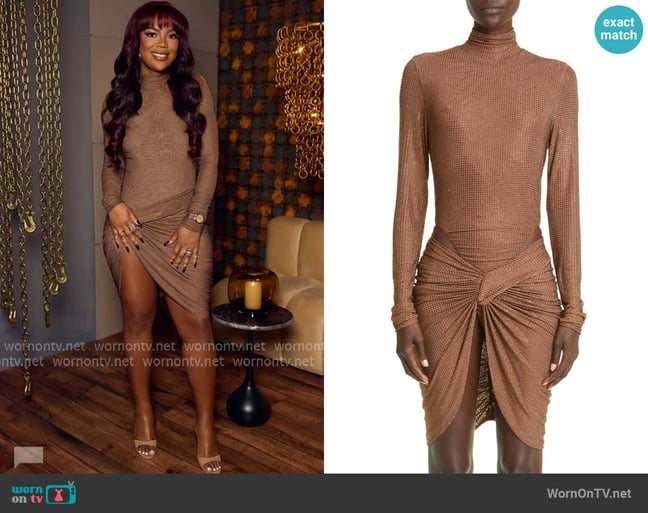 LaQuan Smith Stud Mock Neck Bodysuit in Cognac worn by Riley Burruss on Next Gen NYC LaQuan Smith Stud Mock Neck Bodysuit in Cognac worn by Riley Burruss on Next Gen NYC