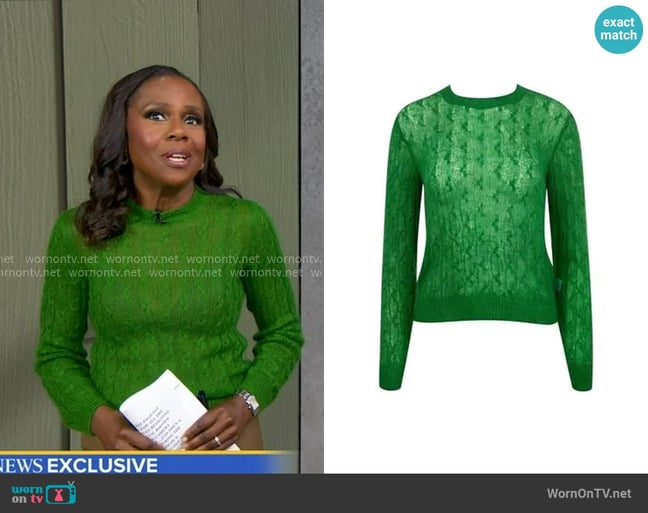 Loewe Cable Knit Sweater in Green worn by Deborah Roberts on Good Morning America