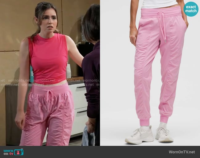 Lululemon Dance Studio Mid-Rise Jogger in Pink Frosting worn by Emma Scorpio-Drake (Braedyn Bruner) on General Hospital Lululemon Dance Studio Mid-Rise Jogger in Pink Frosting worn by Emma Scorpio-Drake (Braedyn Bruner) on General Hospital