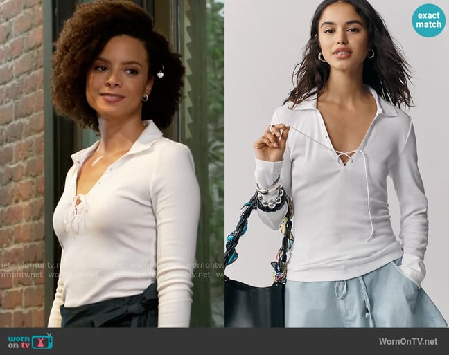Maeve at Anthropologie Tie-Front Long-Sleeve Top worn by Deanna McBride (Angela Fairley) on Beyond the Gates Maeve at Anthropologie Tie-Front Long-Sleeve Top worn by Deanna McBride (Angela Fairley) on Beyond the Gates