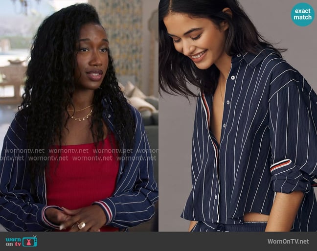 Maeve Pinstripe Silken Buttondown Crop Top worn by Miranda (Victoria Noelle) on All American Maeve Pinstripe Silken Buttondown Crop Top worn by Miranda (Victoria Noelle) on All American
