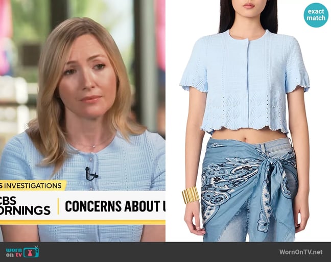 Maje Beaded Pointelle Knit Cardigan worn by Katrina Kaufman on CBS Mornings Maje Beaded Pointelle Knit Cardigan worn by Katrina Kaufman on CBS Mornings