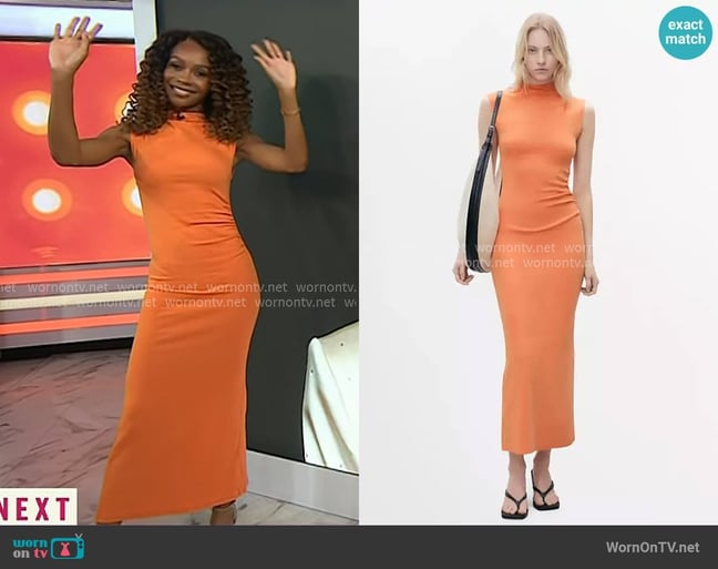 Mango Perkins Collar Draped Dress in Orange worn by Zuri Hall on Today