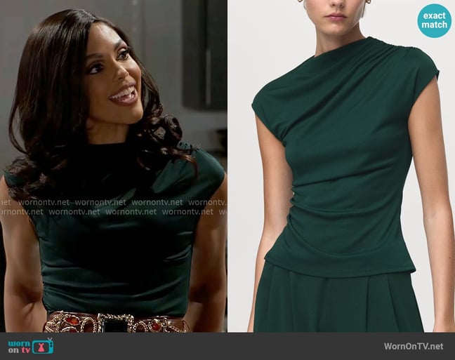 Mango T-shirt with Gathered Asymmetrical Neck worn by Dani Dupree (Karla Mosley) on Beyond the Gates Mango T-shirt with Gathered Asymmetrical Neck worn by Dani Dupree (Karla Mosley) on Beyond the Gates