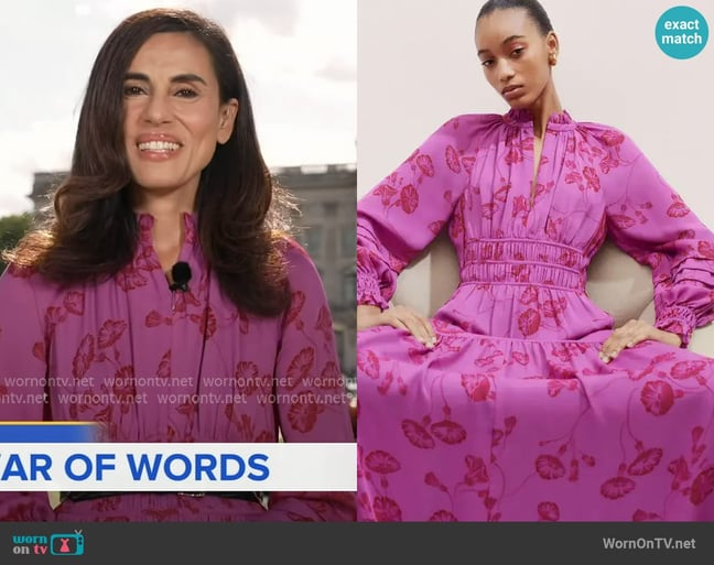 Me + Em Purple Silk Delicate Winter Floral Print Maxi Dress worn by Lama Hasan on Good Morning America Me + Em Purple Silk Delicate Winter Floral Print Maxi Dress worn by Lama Hasan on Good Morning America