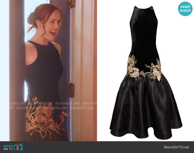 Naeem Khan Halter Drop Waist Dress with Floral Applique worn by Whitney Leavitt on The Secret Lives of Mormon Wives Naeem Khan Halter Drop Waist Dress with Floral Applique worn by Whitney Leavitt on The Secret Lives of Mormon Wives