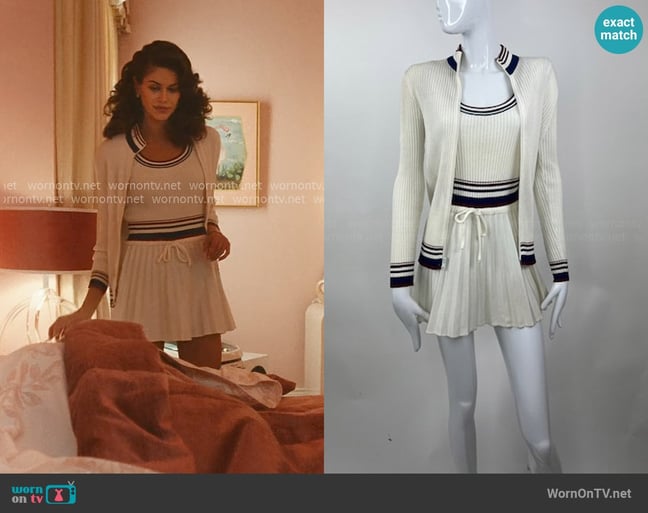 Net Knits by Giamo Vintage Tennis Knit Dress and Jacket worn by Susan Reynolds (Kaia Gerber) on The Shards