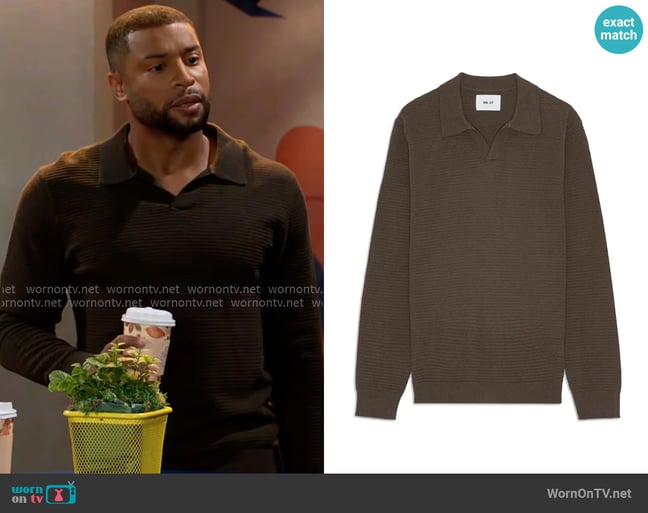 NN07 Paul 60019 Ribbed Organic Cotton Polo Sweater worn by Martin Richardson (Brandon Claybon) on Beyond the Gates NN07 Paul 60019 Ribbed Organic Cotton Polo Sweater worn by Martin Richardson (Brandon Claybon) on Beyond the Gates
