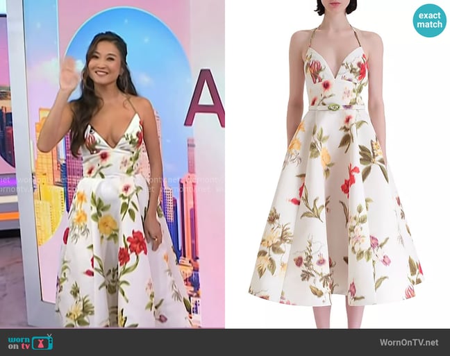 Oscar de la Renta Chiné Dominican Mixed-Floral Faille Cocktail Dress worn by Ashley Park on Today