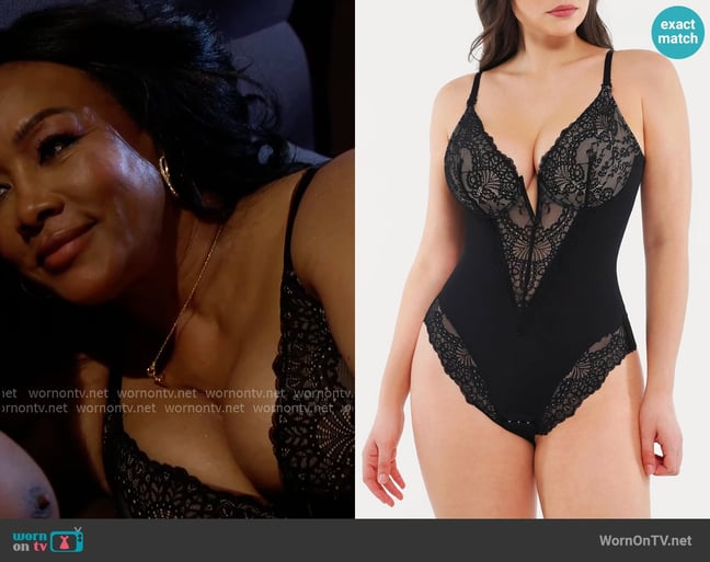 Popilush Lace Deep V-Neck Sculpting Thong Bodysuit worn by Stephanie Simmons (Vivica Fox) on The Young and the Restless