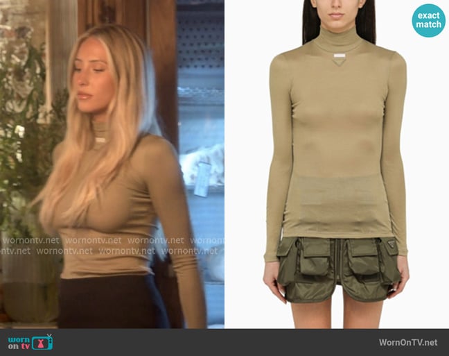 Prada Olive Green Silk Turtleneck Sweater worn by Alix Earle on Earle Meets World Prada Olive Green Silk Turtleneck Sweater worn by Alix Earle on Earle Meets World