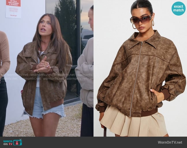 Princess Polly Goldsmith Faux Leather Bomber Jacket in Washed Brown worn by Jessi Ngatikaura on The Secret Lives of Mormon Wives Princess Polly Goldsmith Faux Leather Bomber Jacket in Washed Brown worn by Jessi Ngatikaura on The Secret Lives of Mormon Wives