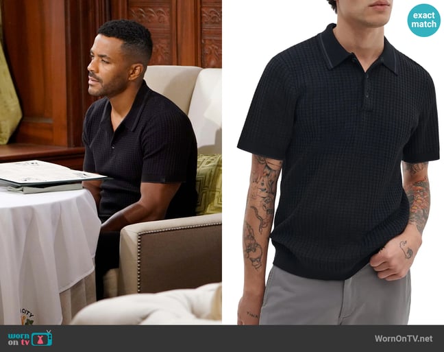 Rag & Bone Harvey Rib Polo Sweater in Black worn by Nate Hastings (Sean Dominic) on The Young and the Restless Rag & Bone Harvey Rib Polo Sweater in Black worn by Nate Hastings (Sean Dominic) on The Young and the Restless