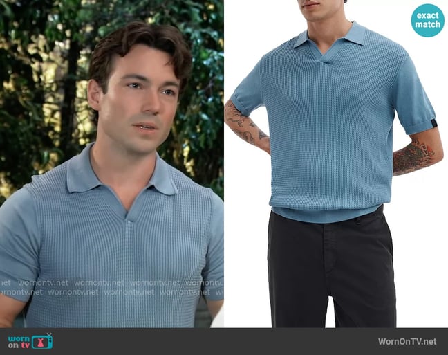 Rag & Bone Saxon Silk Blend Johnny Polo Shirt in Fog Blue worn by Michael Corinthos (Rory Gibson) on General Hospital Rag & Bone Saxon Silk Blend Johnny Polo Shirt in Fog Blue worn by Michael Corinthos (Rory Gibson) on General Hospital